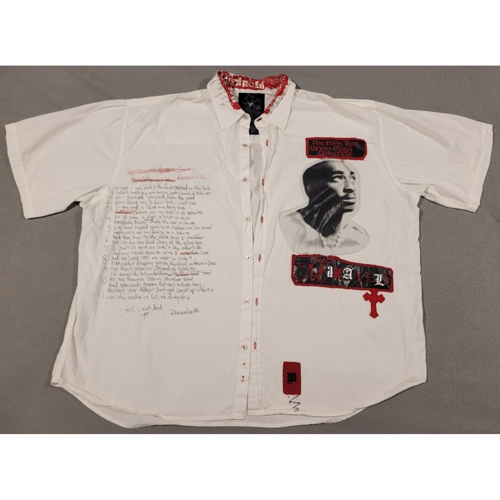 Makaveli T-Pac 4X White/Red Graphic Embroidered Button-Up Shirt 100% Cotton Men